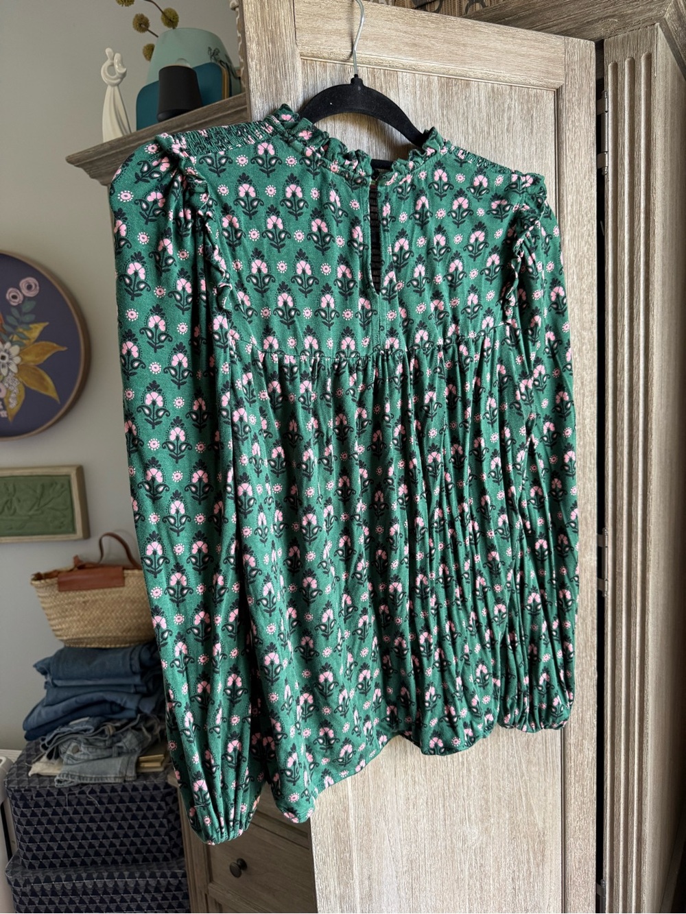 Boden Green Floral Long-Sleeve Peasant Blouse